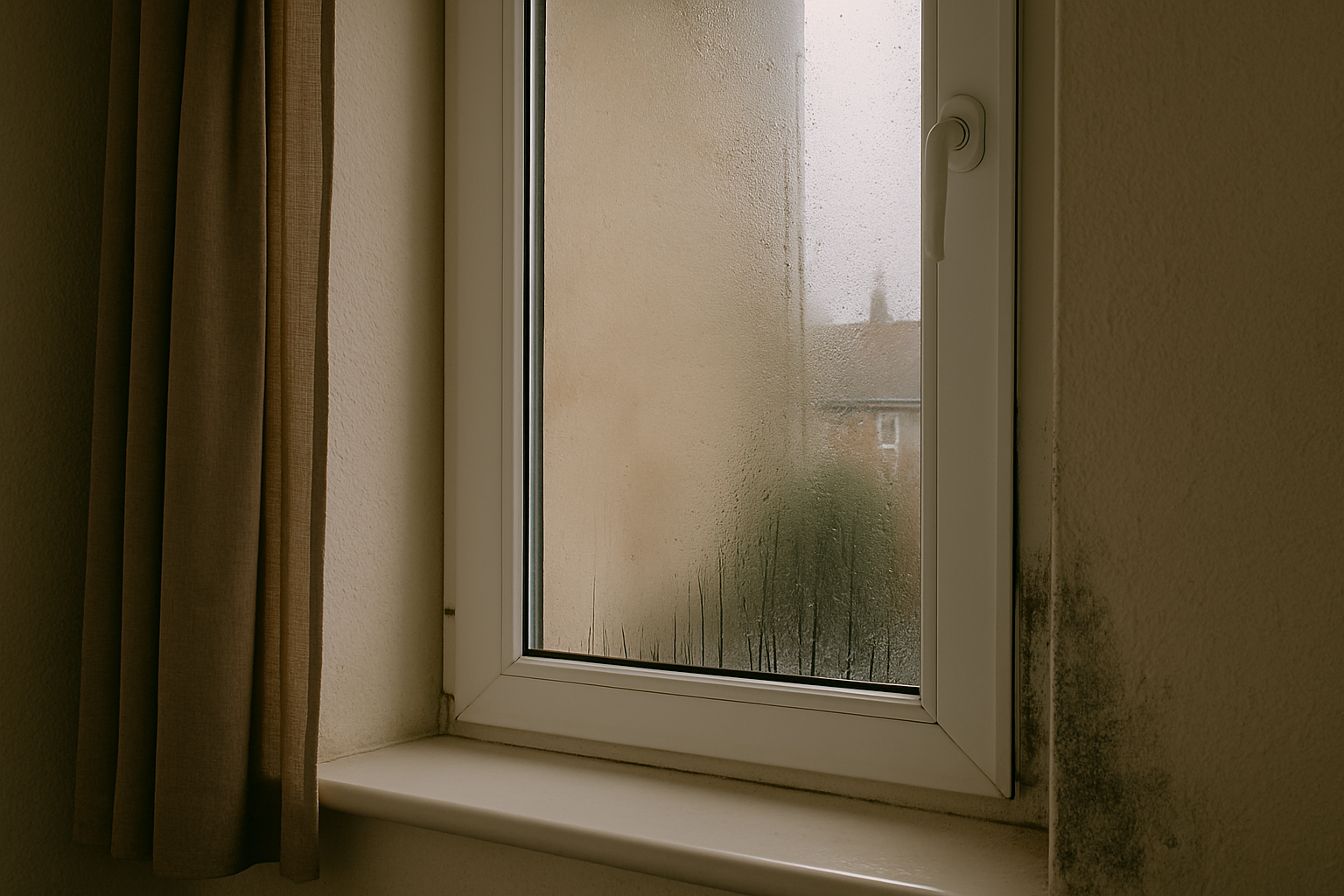 Condensation forming on a window with visible mould on the cold wall beside it.