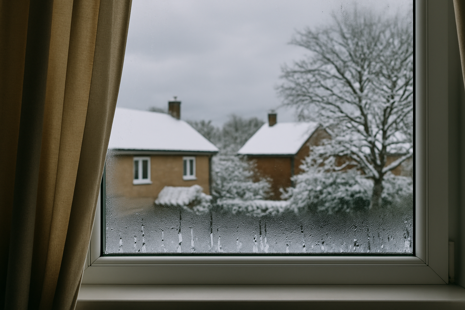 Condensation on a window with a snowy winter scene outside, including houses and bare trees.