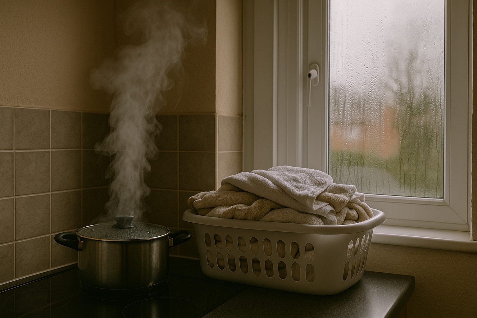 Steam rising from a pot next to a basket of laundry near a condensation-covered window.