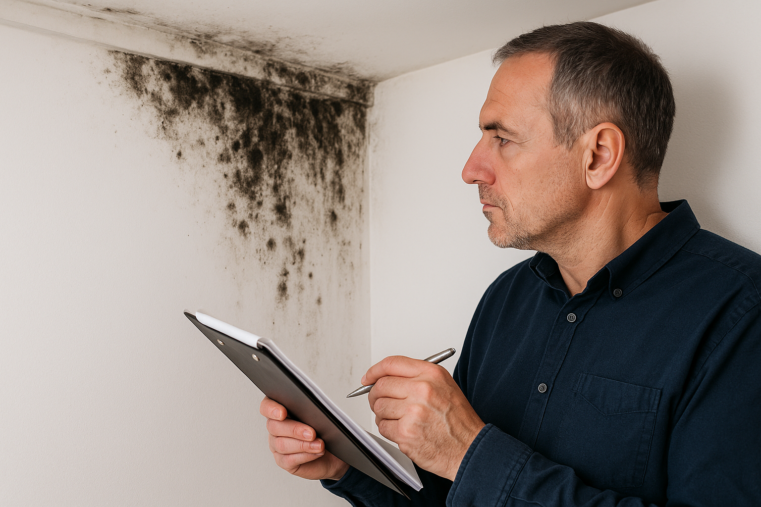 Man inspecting black mould on a wall while holding a clipboard.