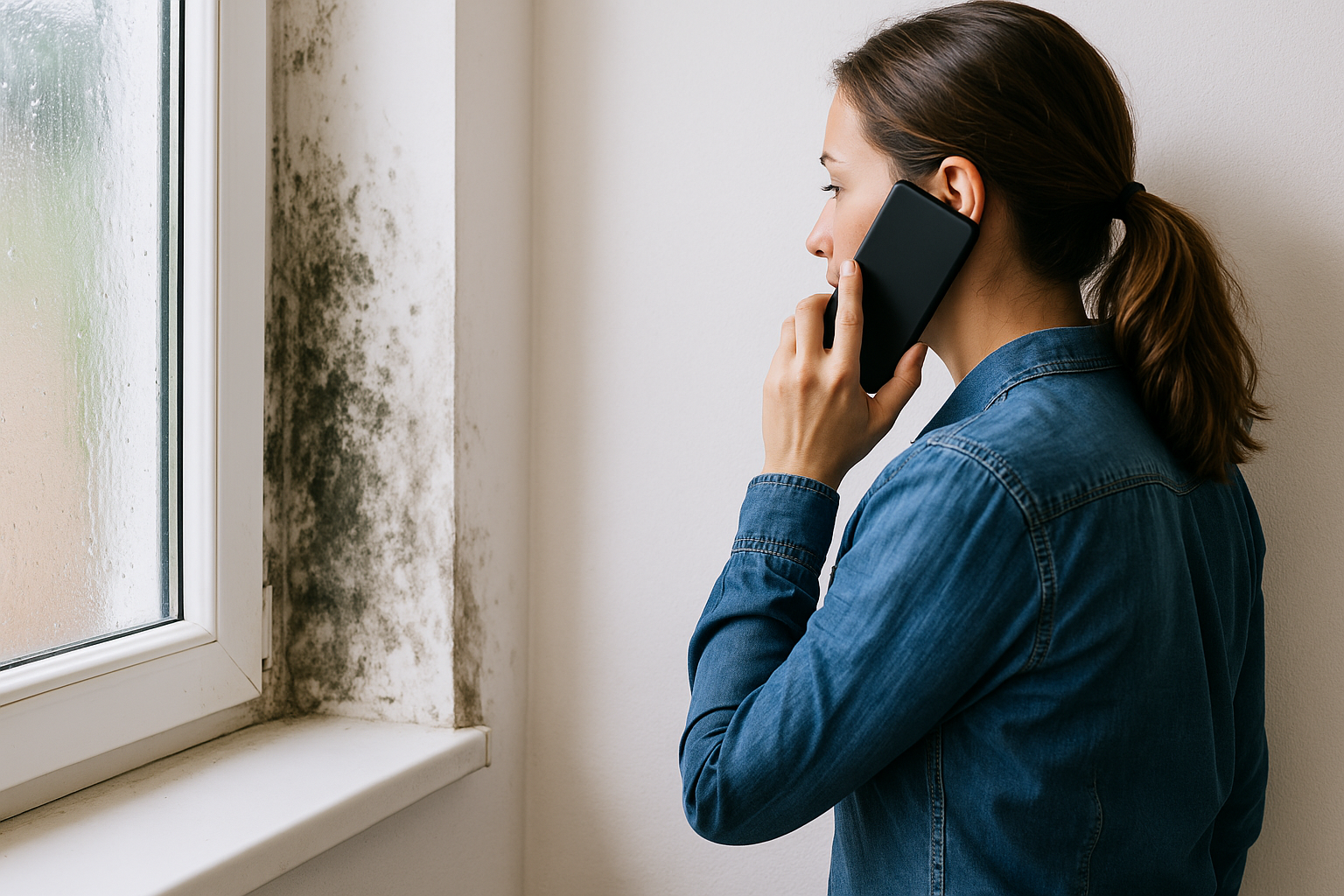 Woman on the phone standing next to a mouldy wall near a window.