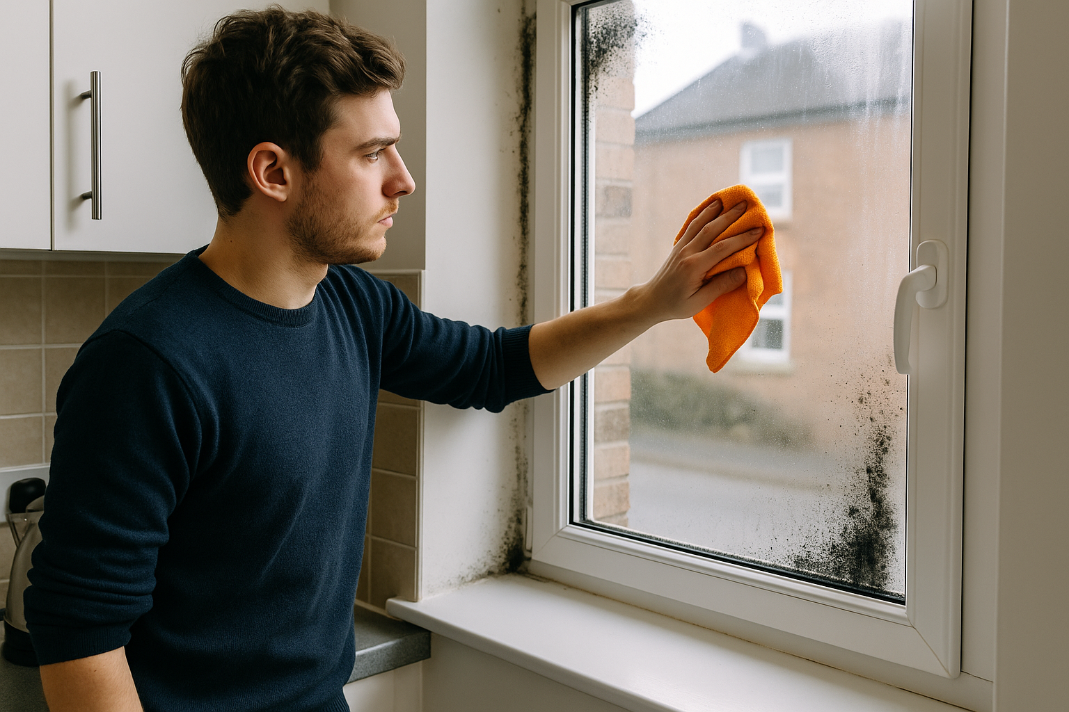 Man wiping mould and condensation from a window with a cloth.