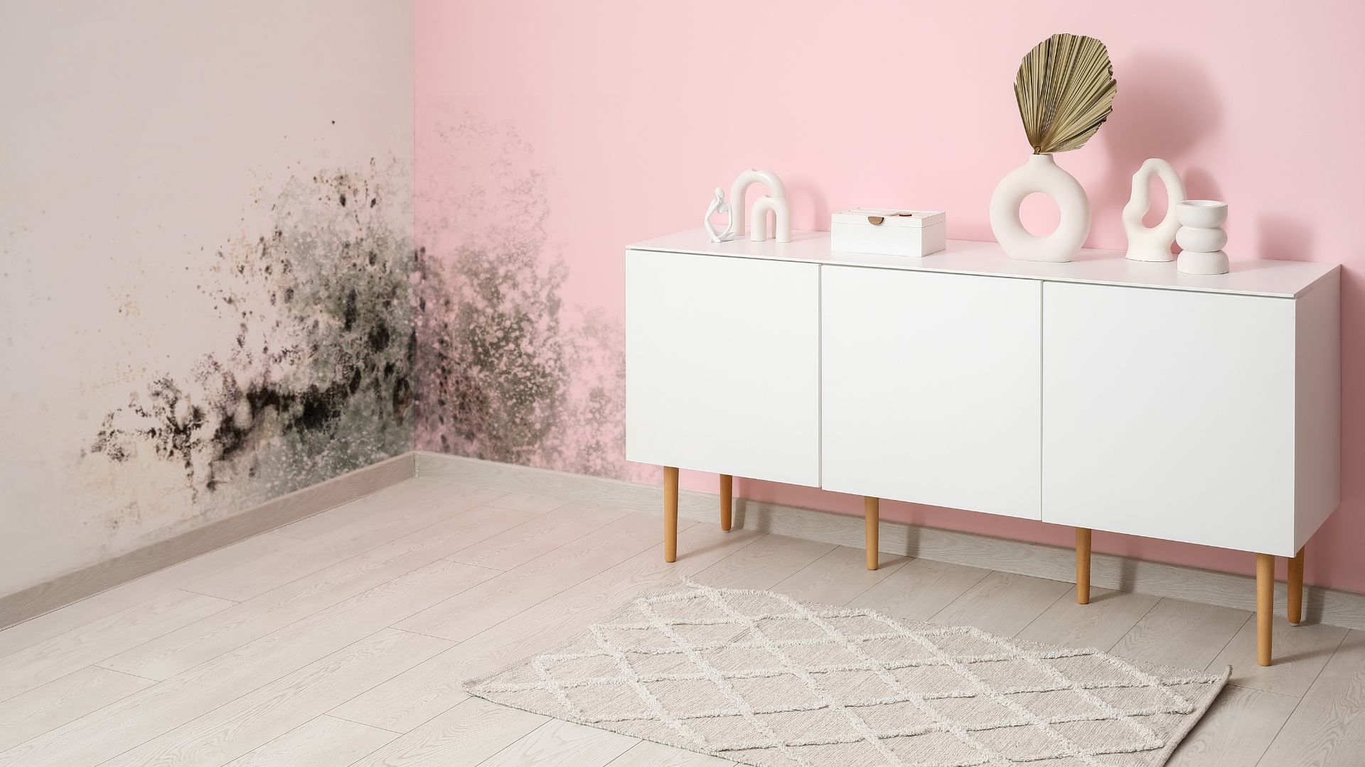 Damp covering a corner in a room, with a pink feature wall and a white storage unit.