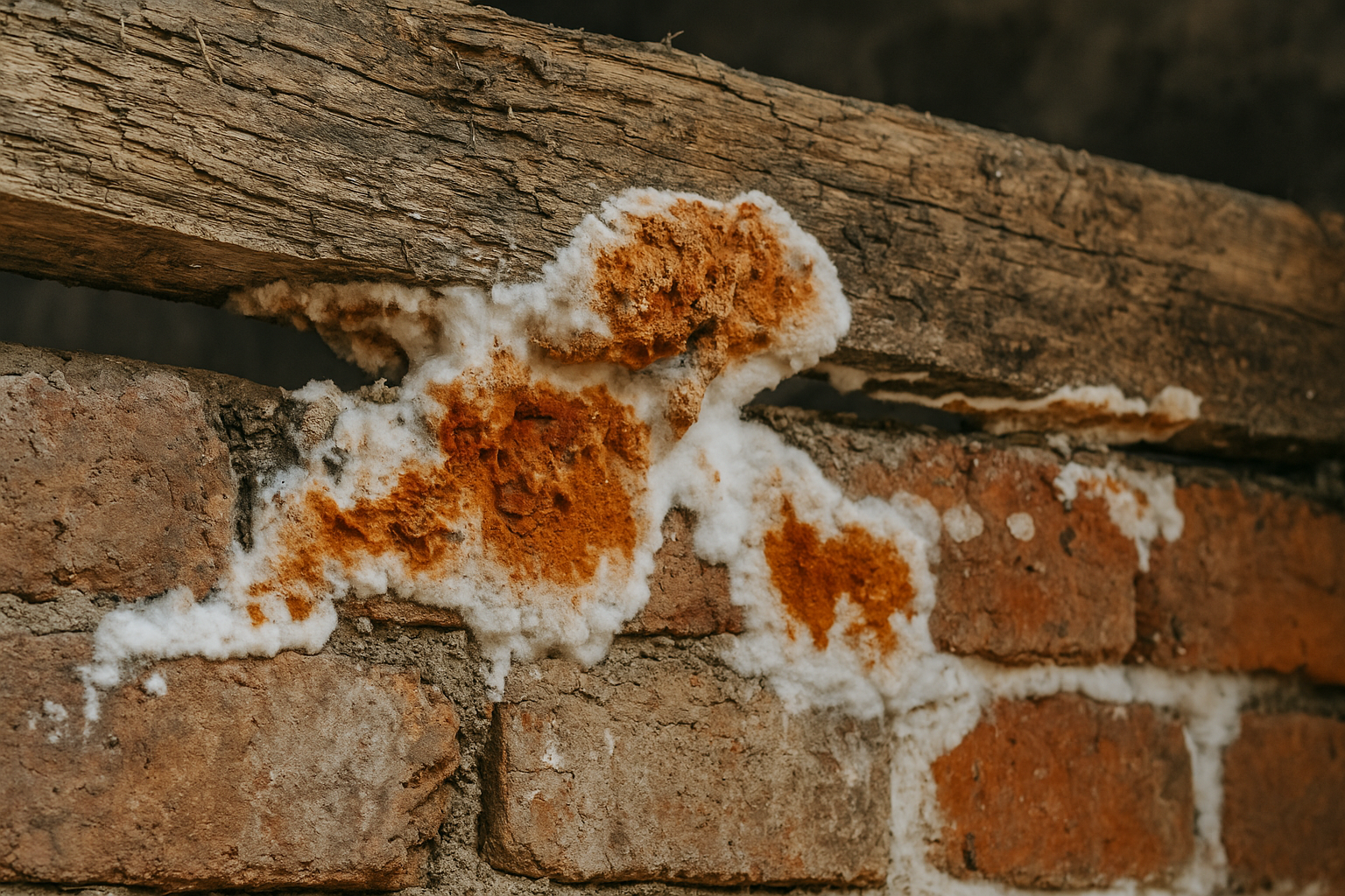 Dry rot fungus growing on decayed wooden wall and floor.