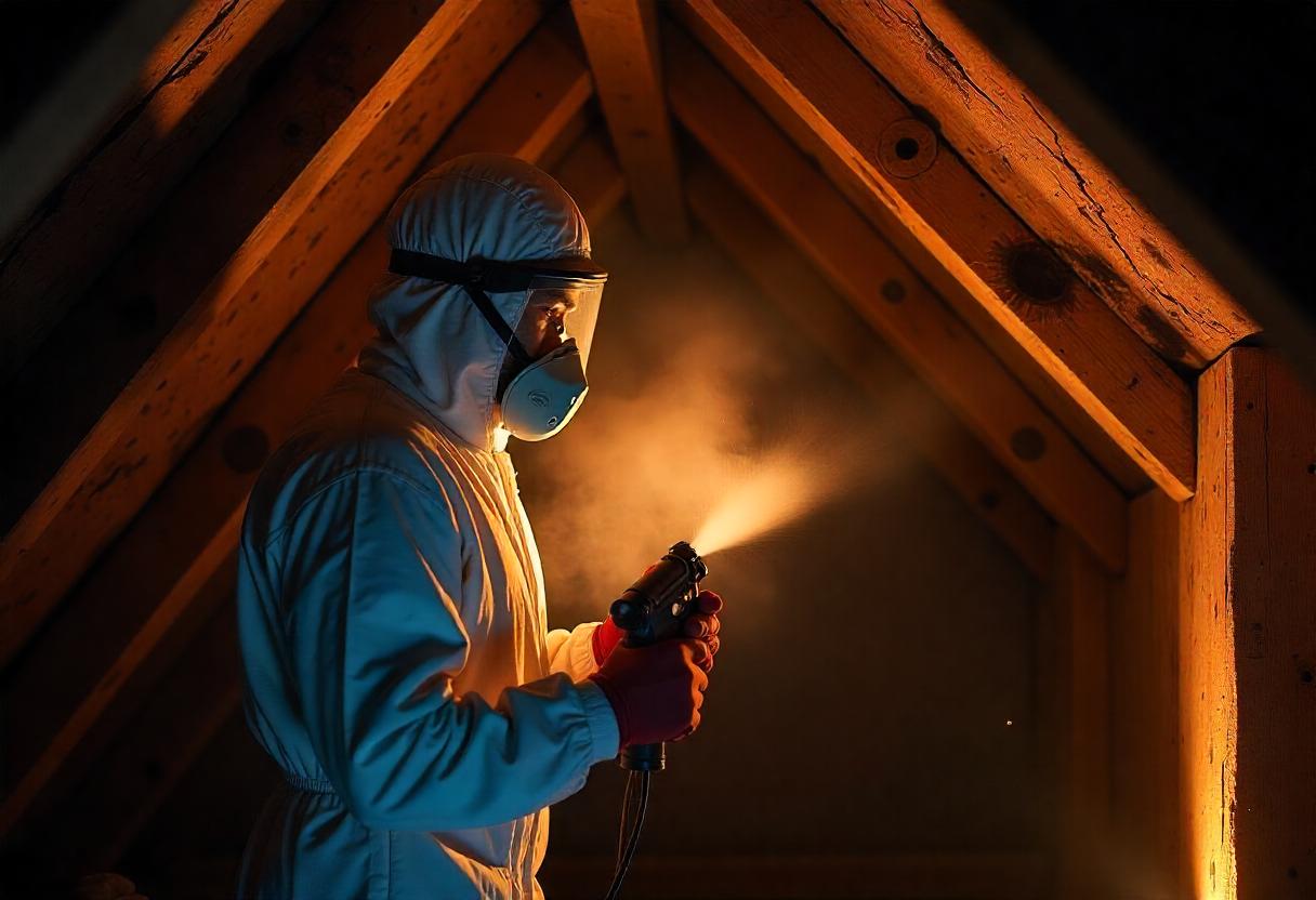 Technician wearing protective gear and respirator spraying fungicidal treatment in a dimly lit wooden attic space.