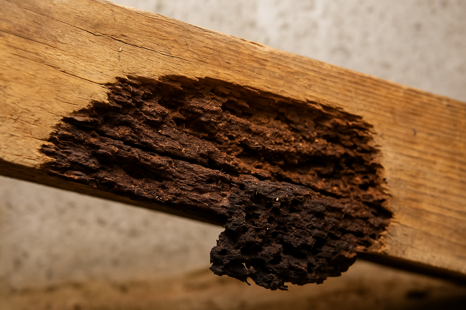 Close-up of wood beam with dark, crumbling soft rot damage.