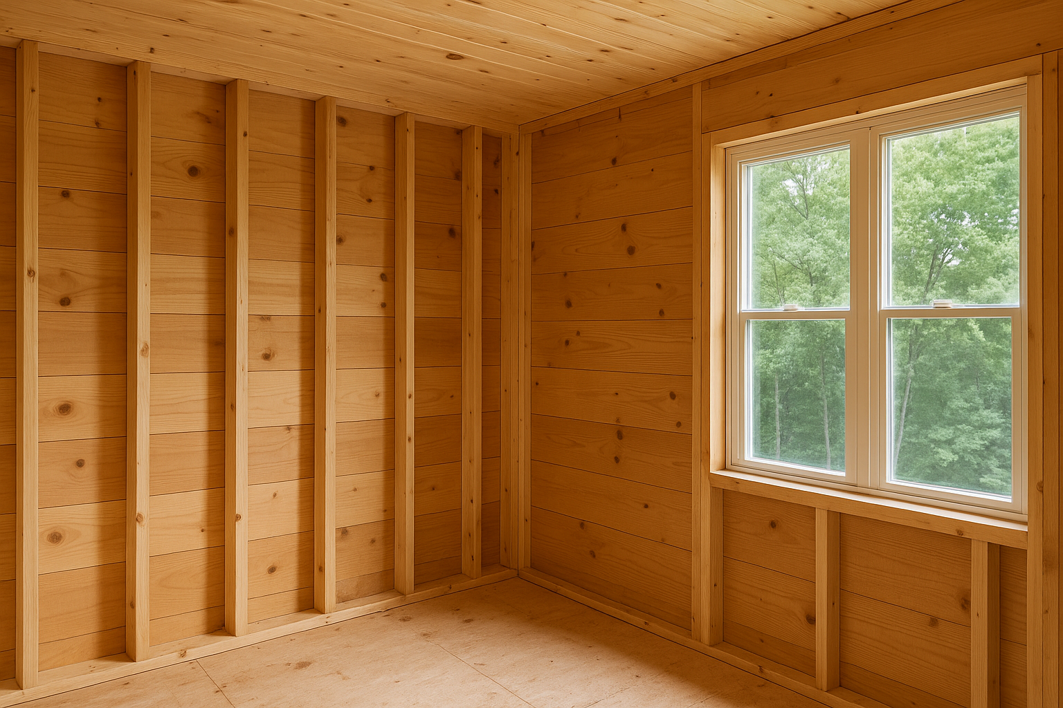 Unfinished wooden room with exposed timber framing and natural light from a window.