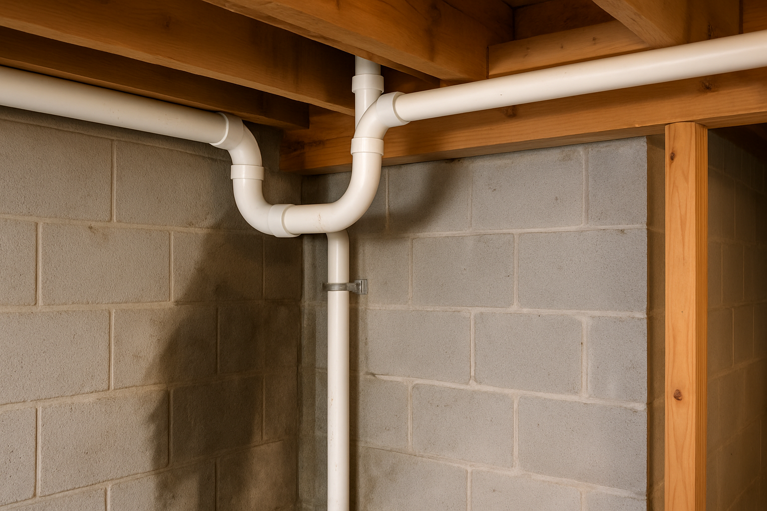 Basement corner with exposed wood beams, PVC pipes, and moisture-stained concrete walls.