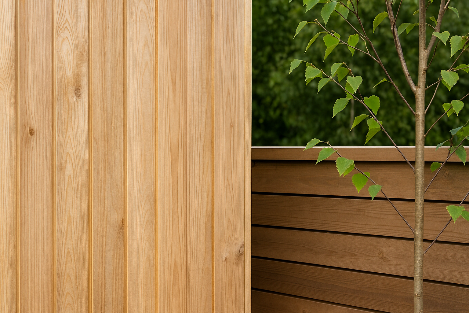 Wooden cladding and fence on the exterior of a building with a small tree nearby.