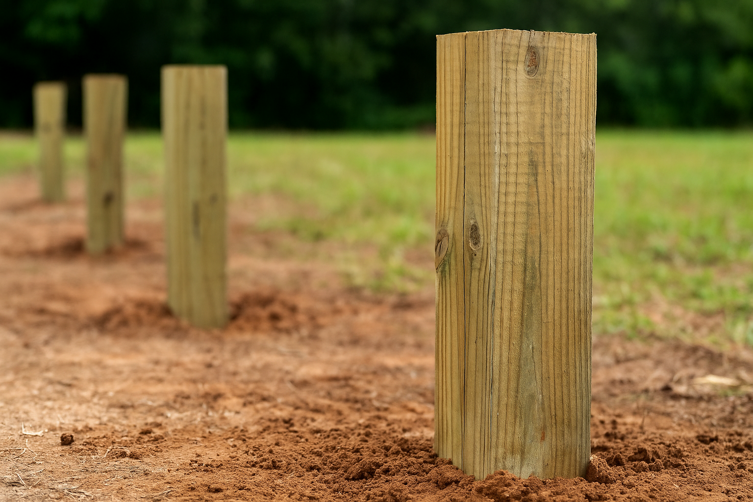 Pressure-treated wooden posts embedded in the ground outdoors.