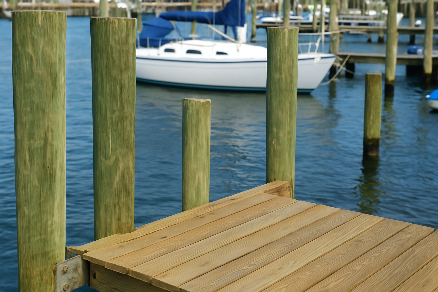 Wooden dock with treated timber pilings near a sailboat on calm blue water.