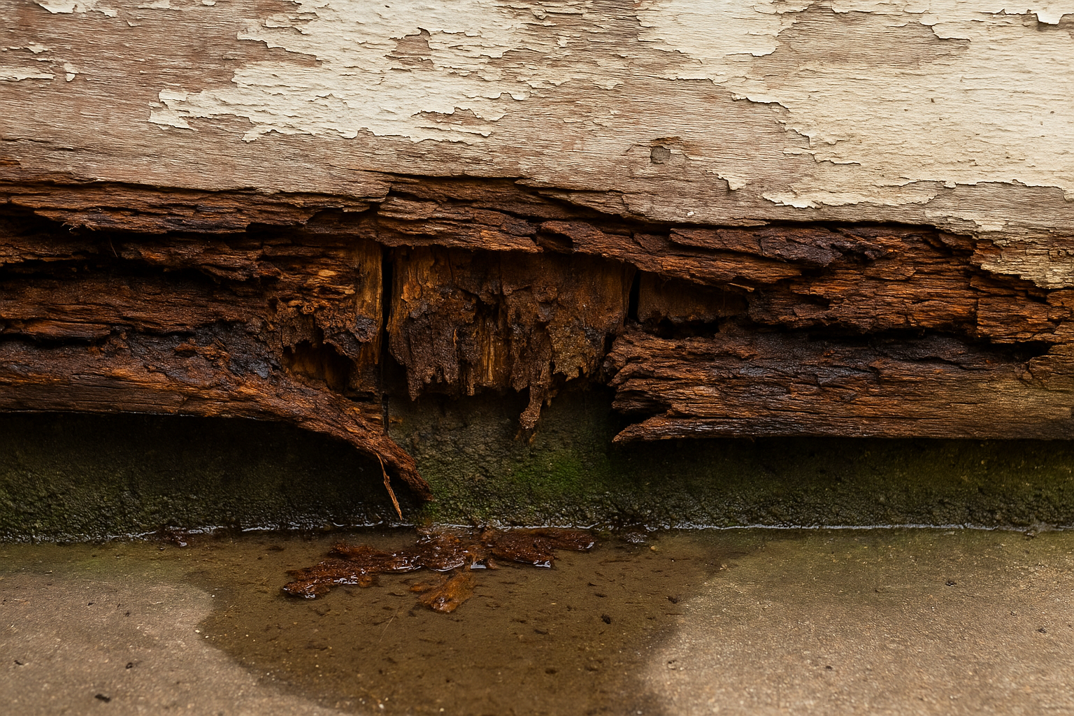 Wet rot damaging wood at the base of a wall near standing water.