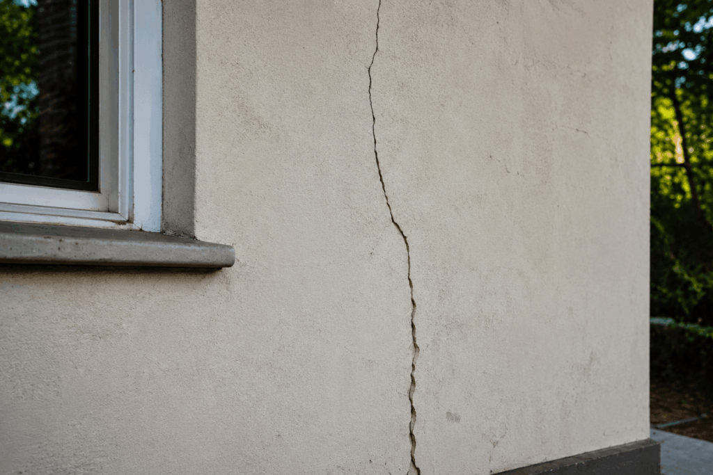Exterior wall of a residential property showing a large vertical crack in the rendered surface beside a window, highlighting potential structural movement or moisture-related damage.