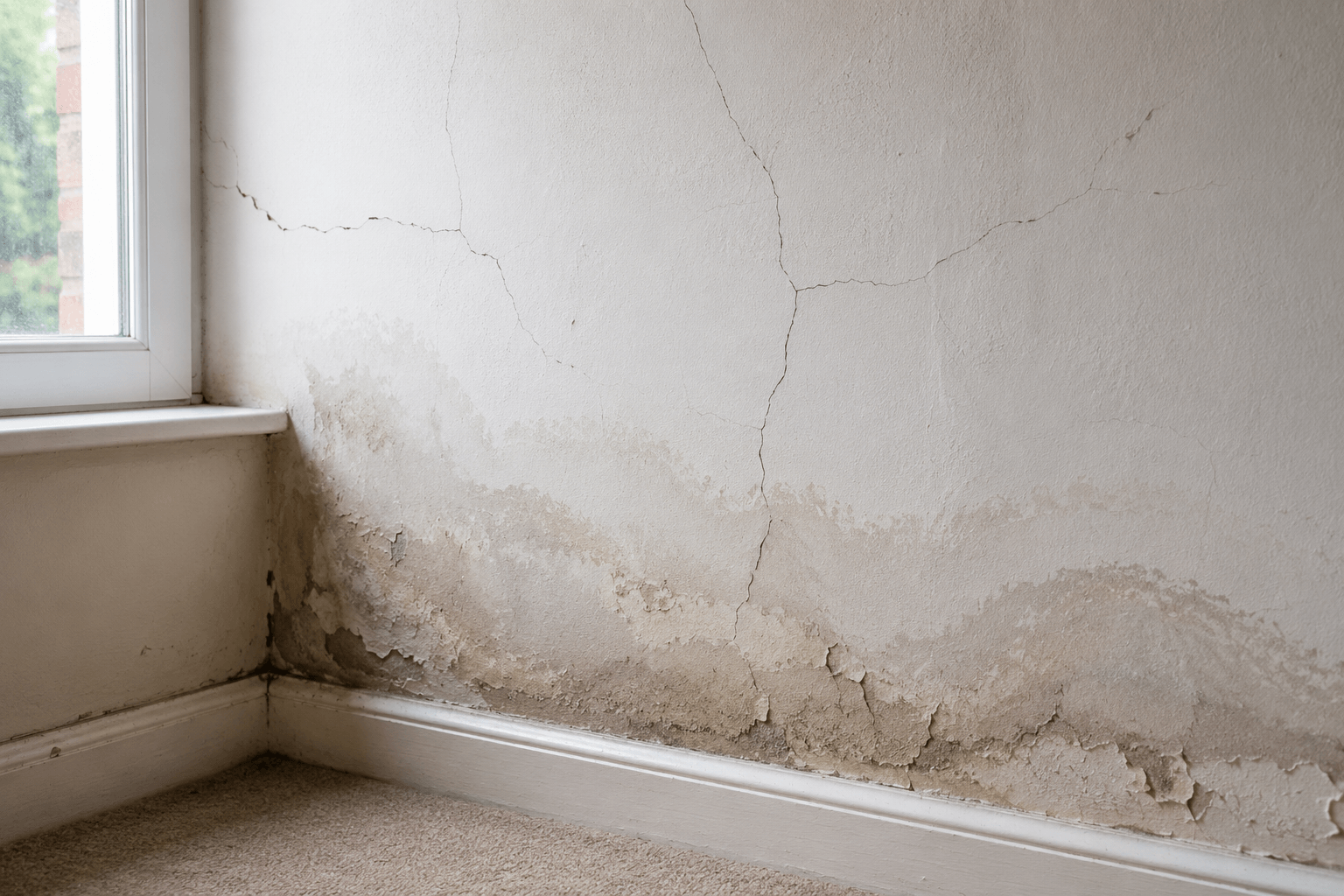 Interior wall with fine hairline cracks and light damp staining near a window, showing how moisture can contribute to plaster deterioration over time.