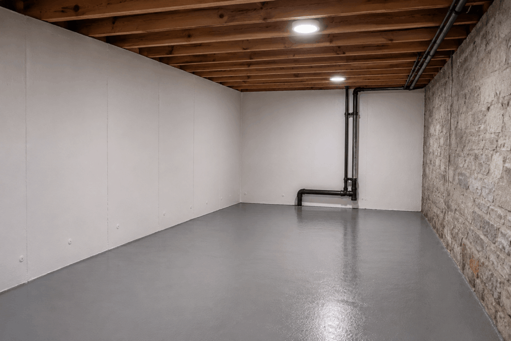Waterproofed basement and cellar interior with clean white tanked walls, exposed timber ceiling beams, stone wall detail, drainage pipework and a sealed grey floor designed to prevent damp and water ingress