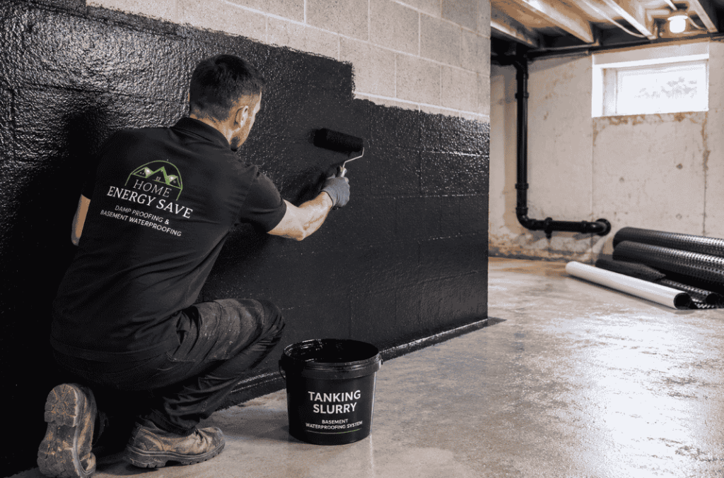 Surveyor inspecting a professionally waterproofed basement with tanked walls and floor.