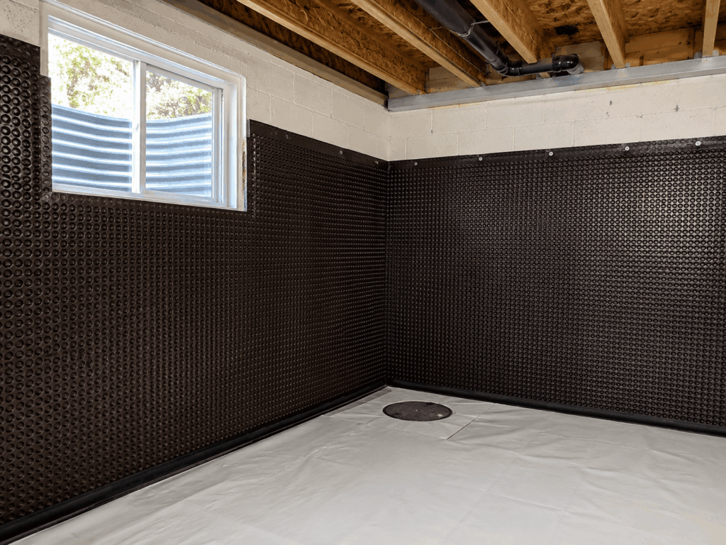 Corner of a domestic basement undergoing waterproofing, featuring cavity drain membrane lining the walls, exposed ceiling beams and pipework, natural light from a basement window, and a prepared floor with drainage access for moisture control.