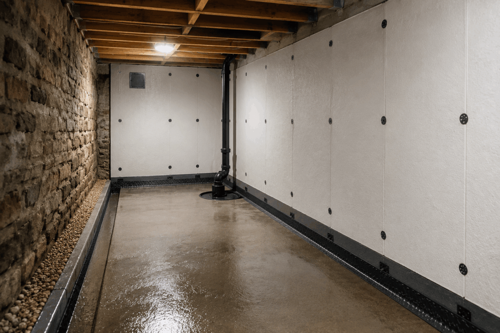 Professional cellar tanking installation featuring cavity drain membrane walls, perimeter drainage channels, sump pump system and exposed stonework, designed to protect against water ingress and damp.