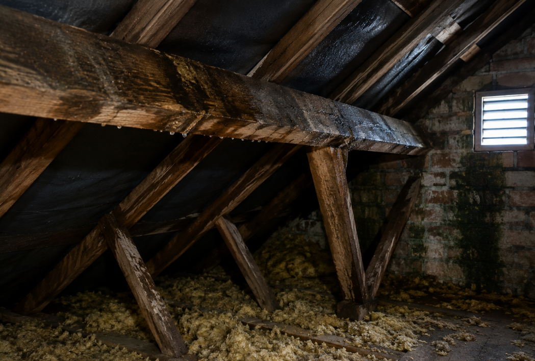 Damp timber roof beams in a poorly ventilated loft space, showing moisture staining, condensation, and conditions that can increase the risk of woodworm infestation.