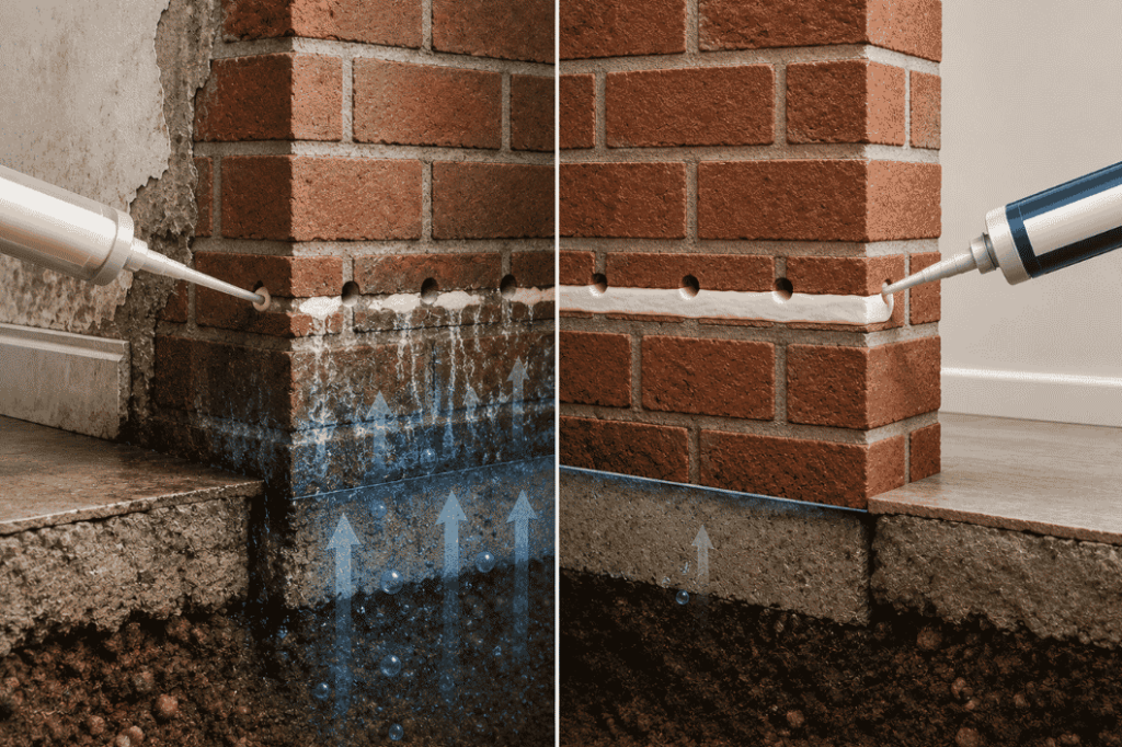 Comparison of DPC Plus and traditional damp proof course creams shown in a brick wall cross-section, illustrating injection cream application and the effectiveness of moisture barriers against rising damp.