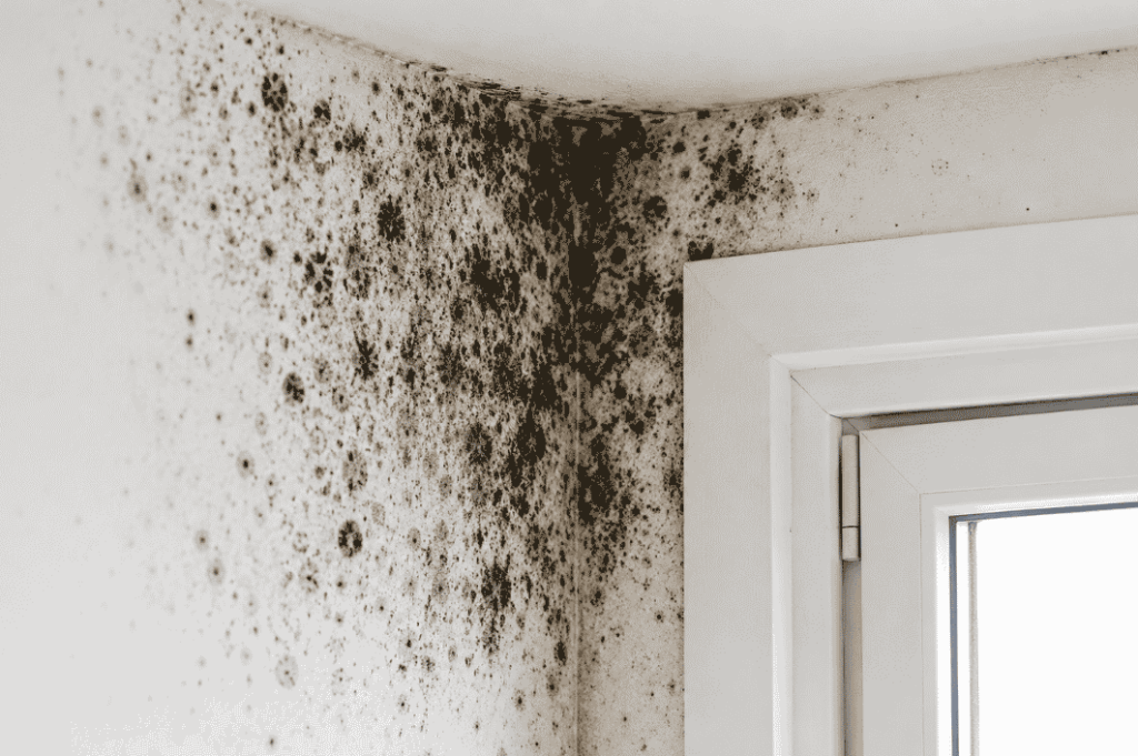 Black mould growth on an interior wall corner caused by condensation and excess moisture