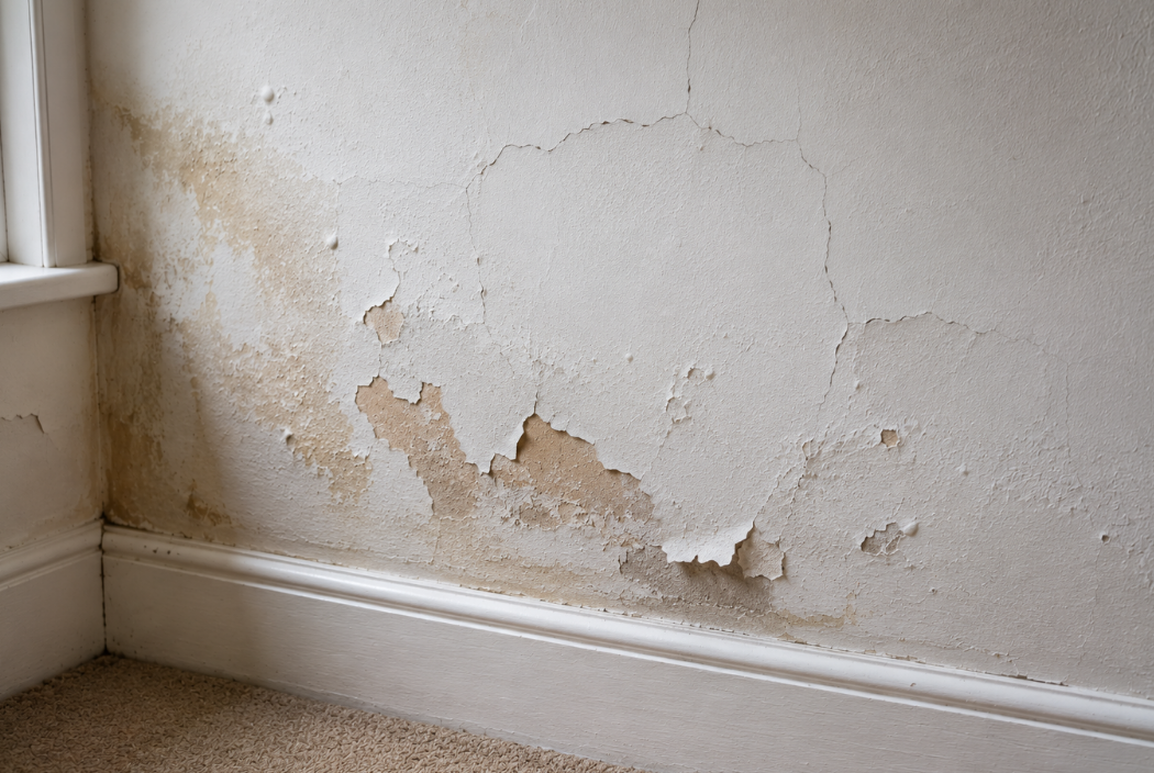 Interior wall with peeling paint, plaster deterioration, and minor surface cracks caused by damp-related moisture damage.