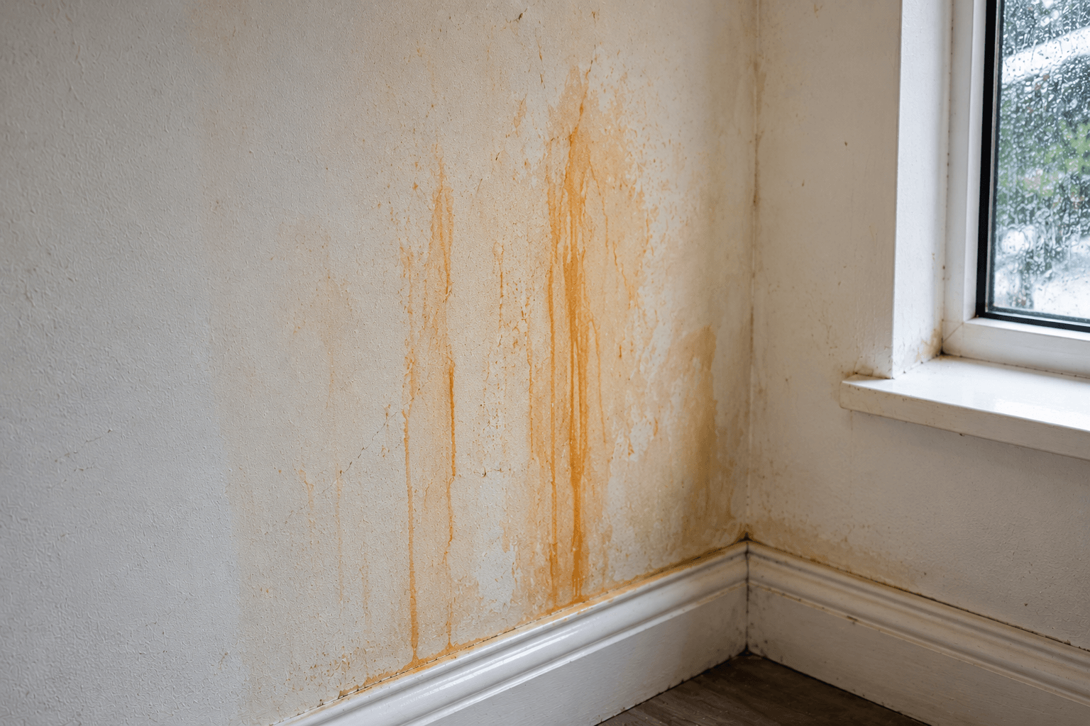 Orange-brown staining on an interior wall caused by water damage, rust, or mineral deposits rather than mould growth.