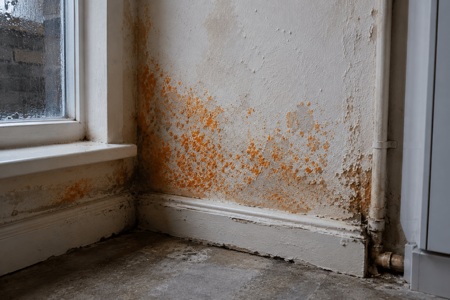 Orange mould growing on a cold interior wall near a window, with damp plaster, moisture staining, and signs of condensation.