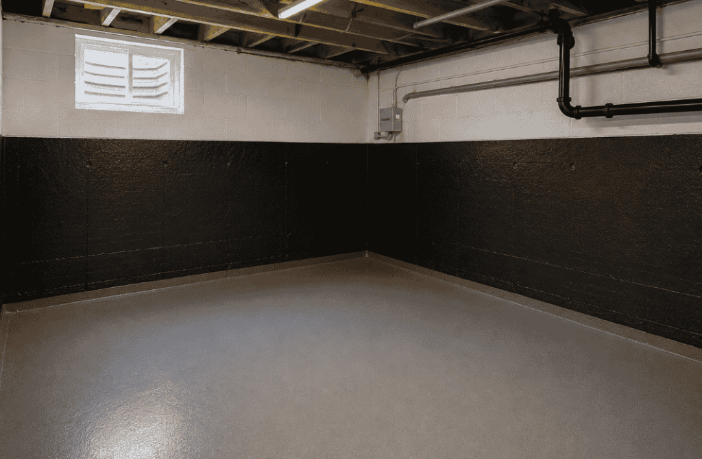 Professionally waterproofed basement with tanked walls and floor designed to protect against damp and moisture ingress.