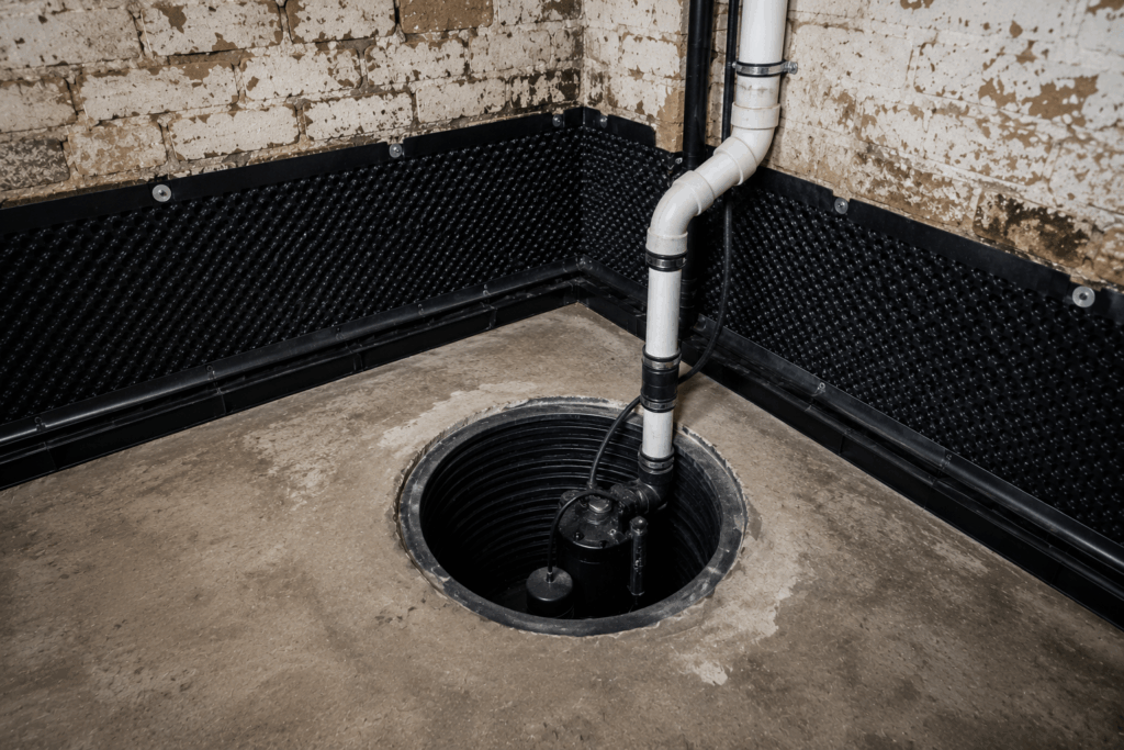 Basement waterproofing system with cavity drain membrane and sump pump installation.