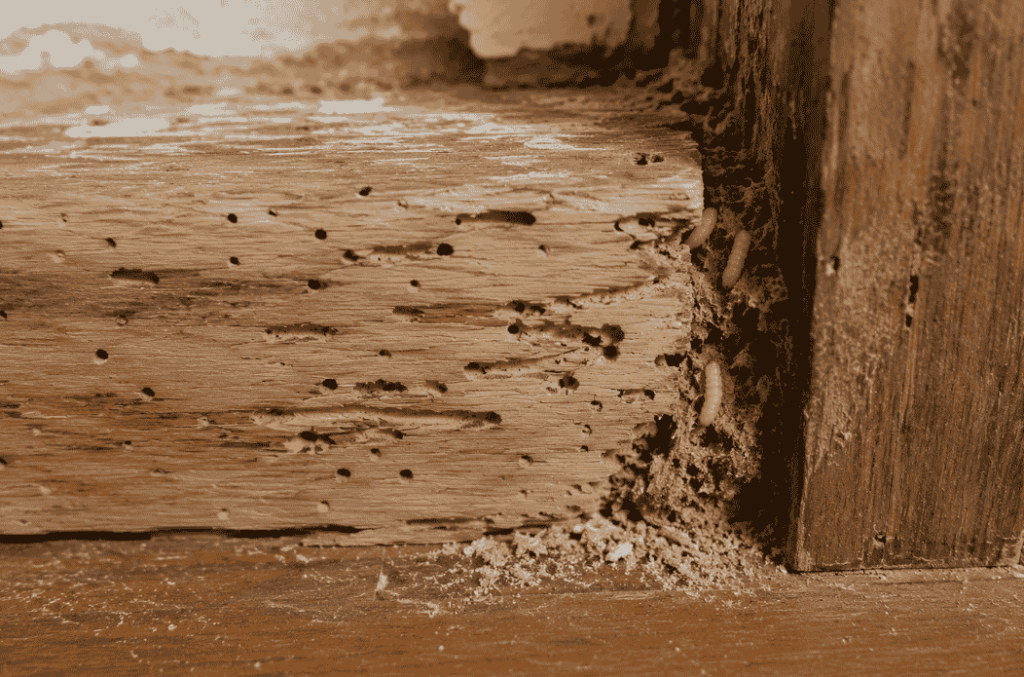 Close-up of woodworm damage in a timber beam, showing characteristic exit holes, wood-boring tunnels, frass, and visible woodworm larvae.