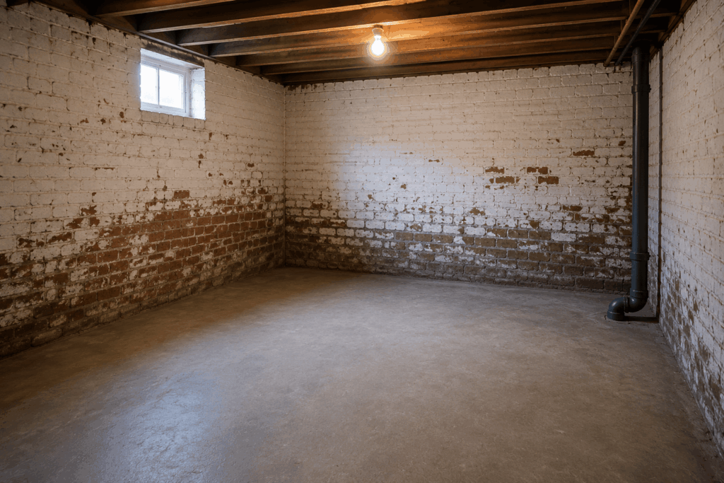 Clean and dry basement with waterproofed walls and floor following professional tanking treatment.