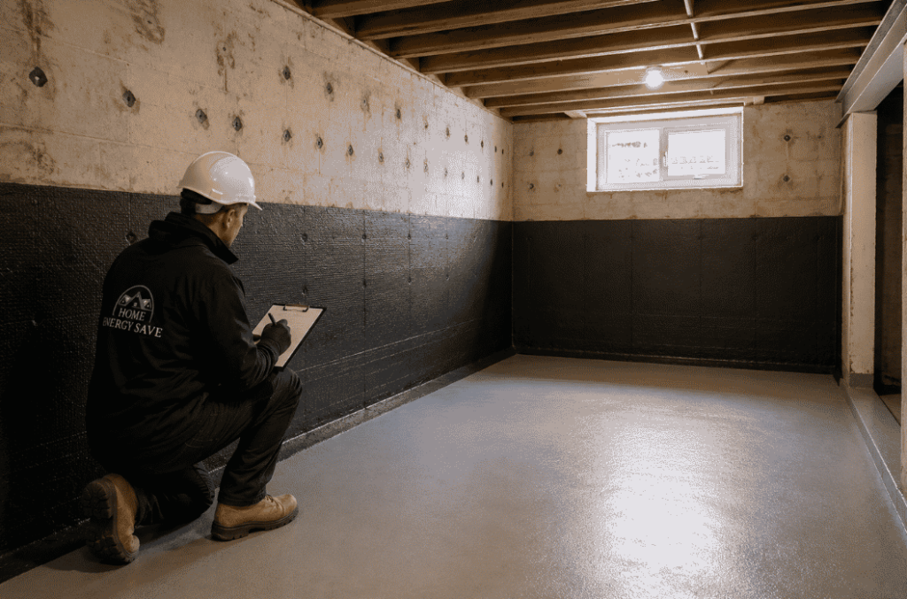 Basement waterproofing survey being carried out in a newly tanked basement with waterproofed walls and floor.