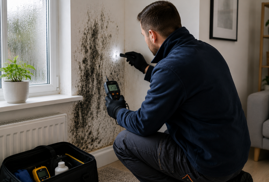 Professional surveyor inspecting black mould growth and condensation damage on an interior wall