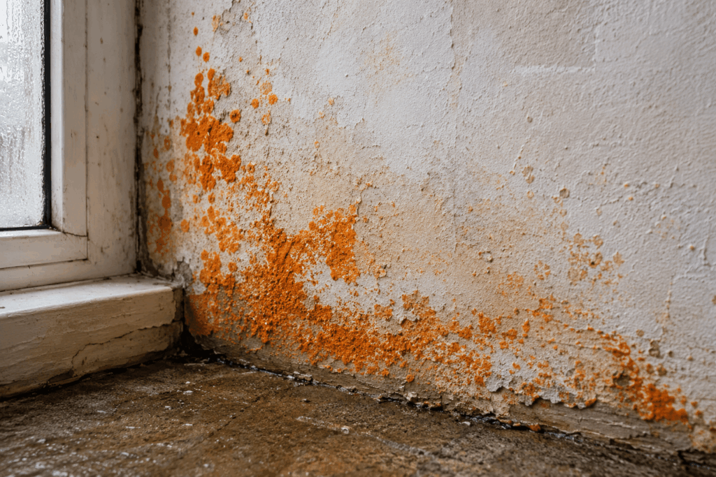 Orange mould growing on a damp interior wall near a window, with visible moisture damage and fungal growth on the plaster surface.
