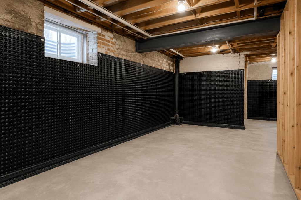 Residential basement waterproofing system with black cavity drain membrane installed on walls, exposed ceiling joists, concrete flooring, drainage channels, and a stairwell leading to the ground floor.