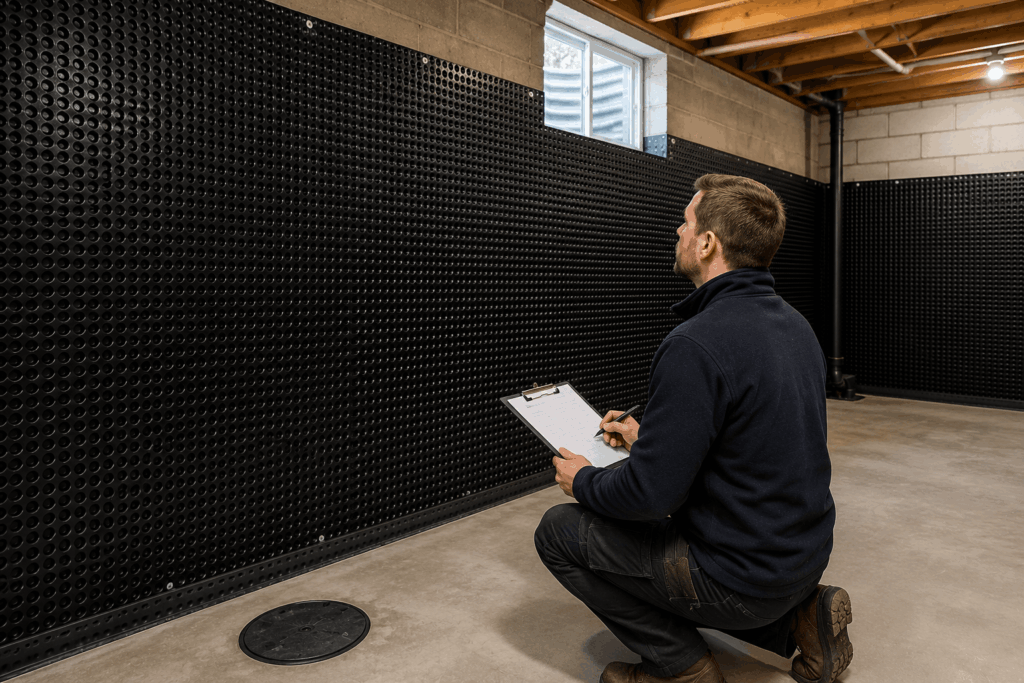 Surveyor inspecting a residential basement waterproofing system, checking cavity drain membrane installation on basement walls with a clipboard in a clean, dry basement space.