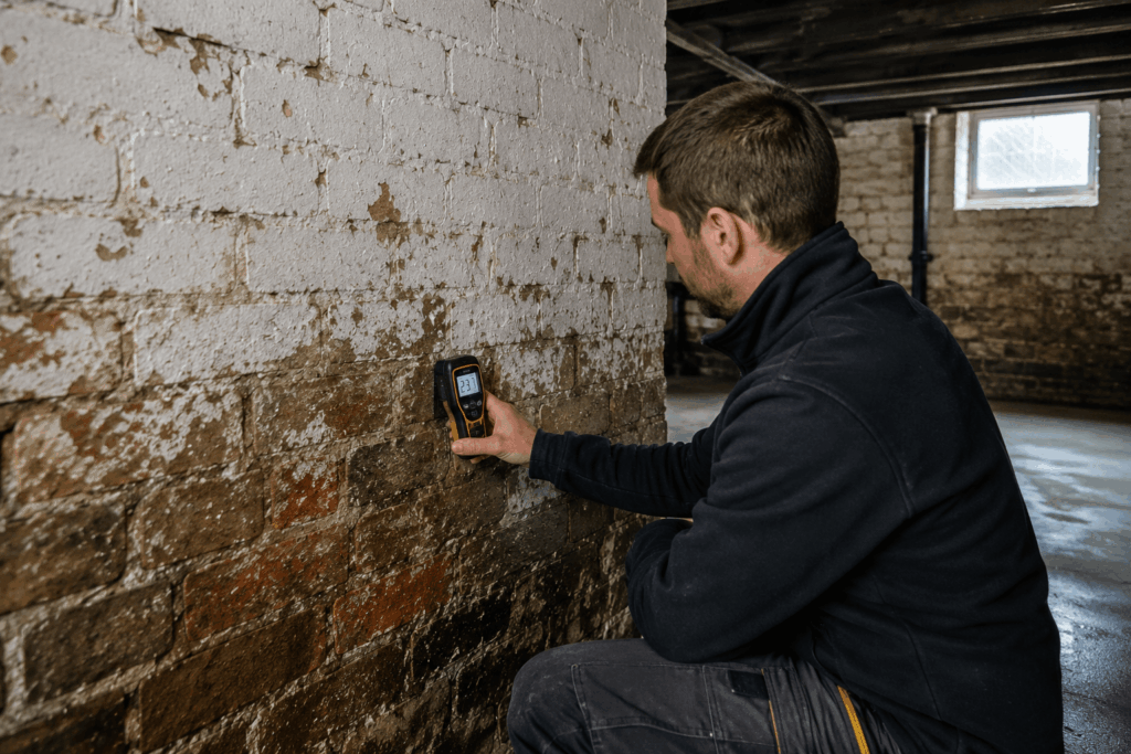 Surveyor carrying out a damp inspection on basement walls using a moisture meter before waterproofing work.