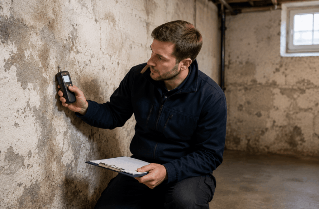 Surveyor using a moisture meter to assess damp and moisture levels in a basement wall.