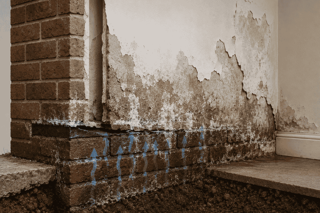 Failed damp-proofing treatment in a brick wall cross-section showing rising damp, salt deposits, deteriorating plaster, and moisture damage spreading above the damp-proof course.