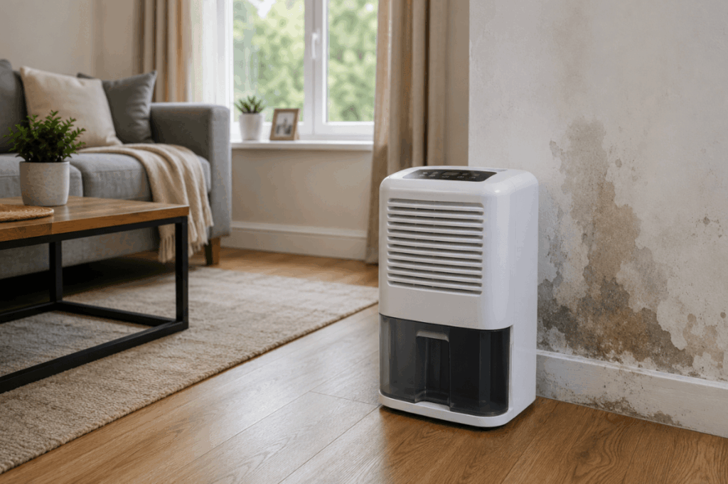 Portable dehumidifier placed beside a damp internal wall in a living room with visible signs of moisture damage.