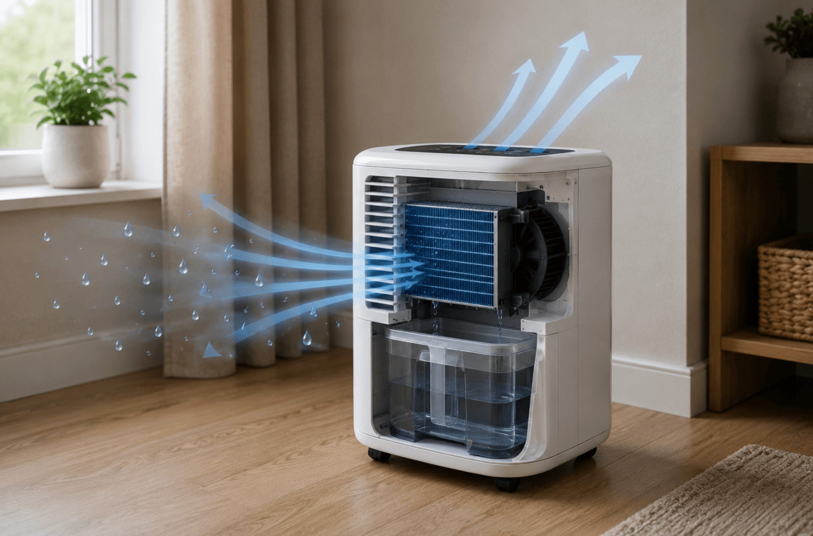 Illustration of a dehumidifier drawing in moist air and collecting water to reduce indoor humidity levels.
