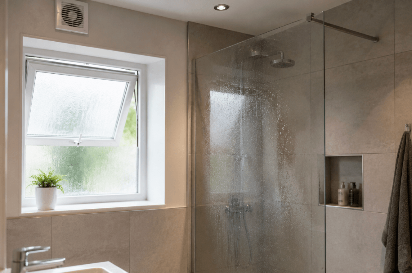 Modern bathroom with an open window and extractor fan helping to reduce moisture after showering.