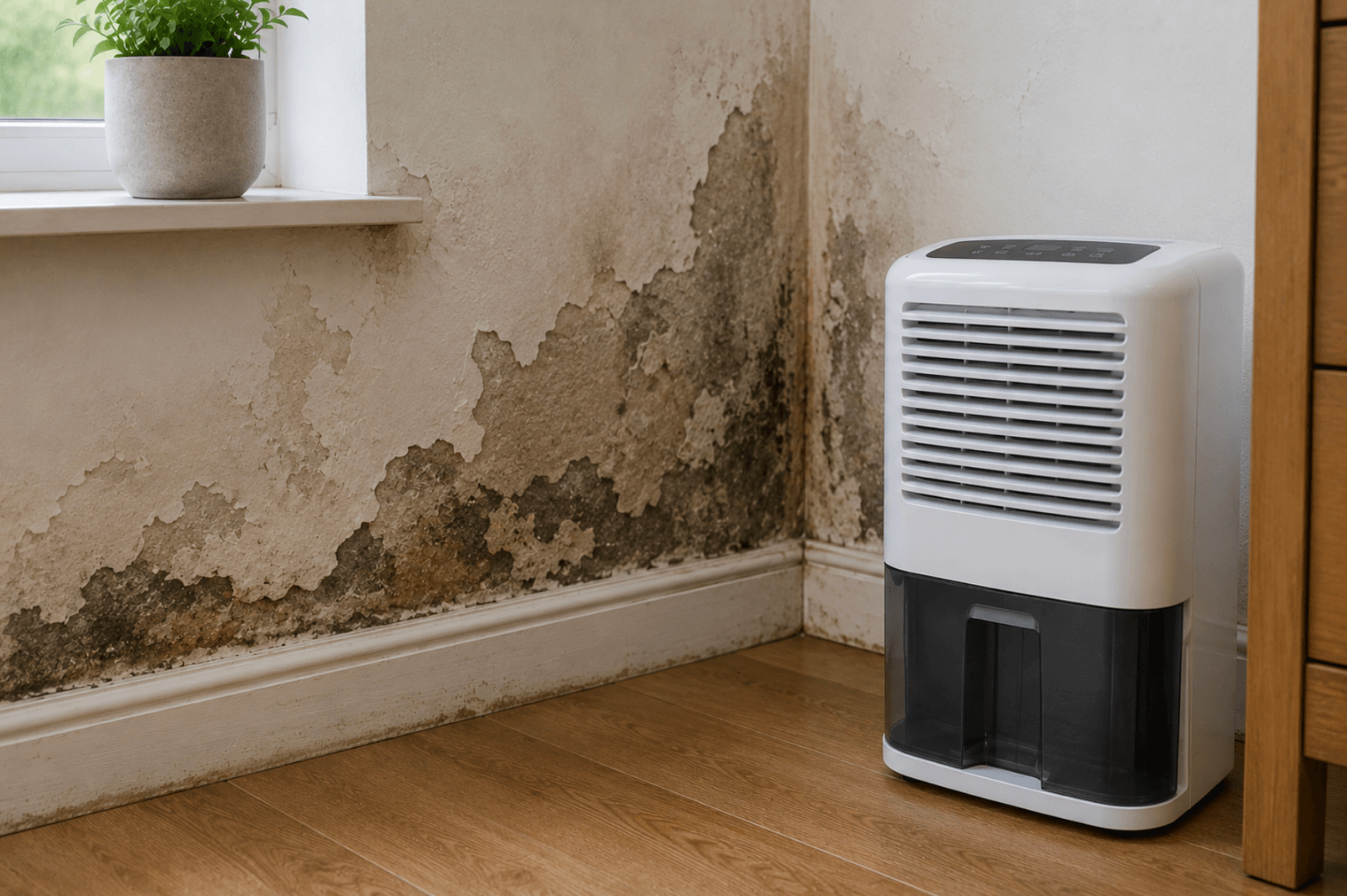 Dehumidifier positioned beside a wall with severe penetrating damp and peeling plaster, showing that moisture damage remains despite reducing humidity.