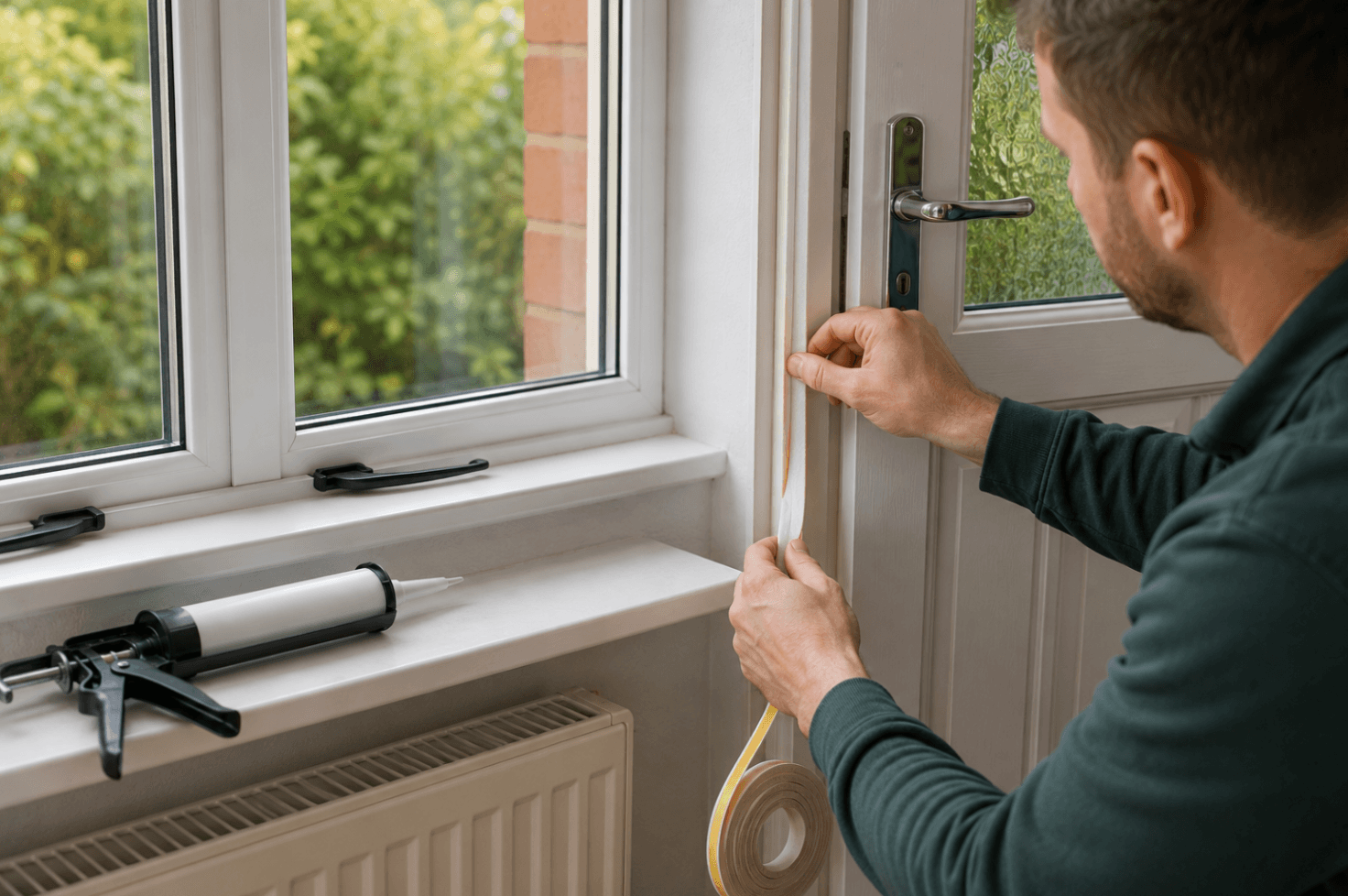 Homeowner installing draught-proofing tape around a door frame to reduce heat loss and improve energy efficiency.