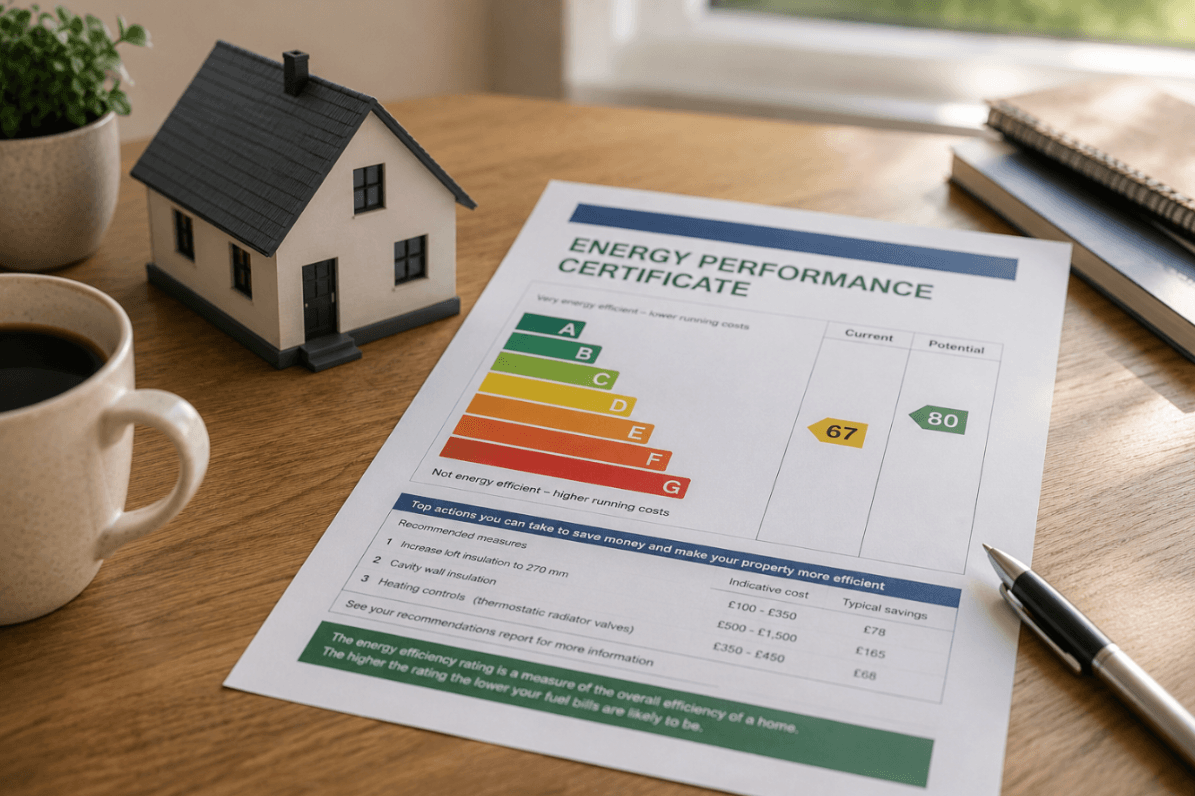 Energy Performance Certificate report with a model house, calculator and pen, illustrating how EPC ratings are presented.