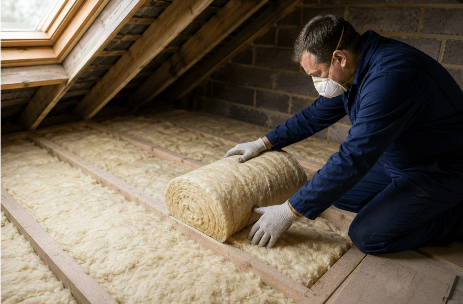 Installer laying new loft insulation between roof joists to reduce heat loss and improve a home's energy efficiency.