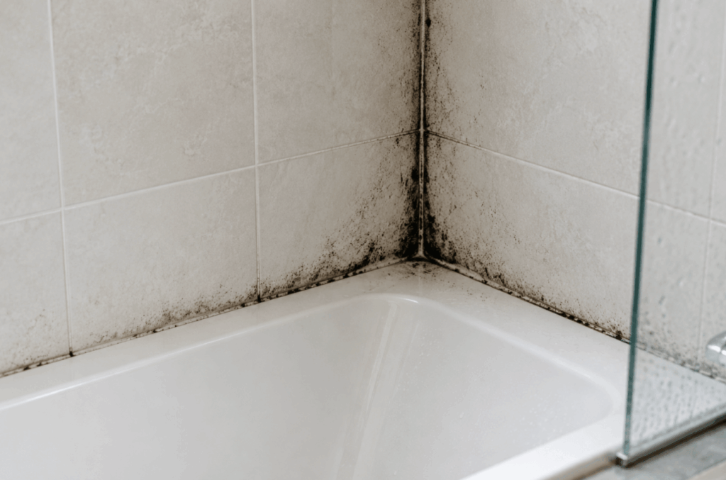 Person cleaning black mould from the corner of a tiled bathroom wall using a sponge and cleaning spray.