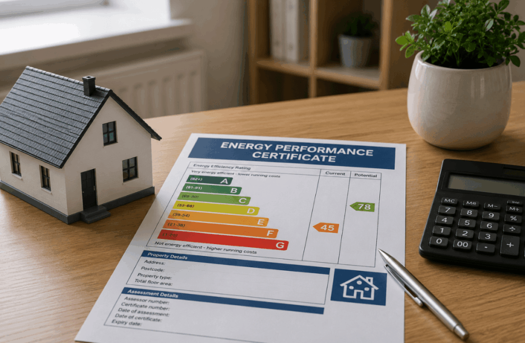 Energy Performance Certificate displayed on a table beside a model house, highlighting a home's energy efficiency rating.
