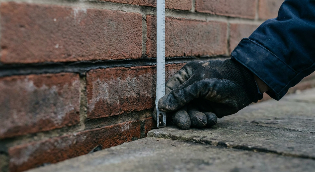A gloved hand holding a tape against external brickwork to measure the height of the damp-proof course above the paving.
